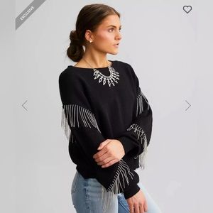 NWT Black Rhinestone Fringe Sweater